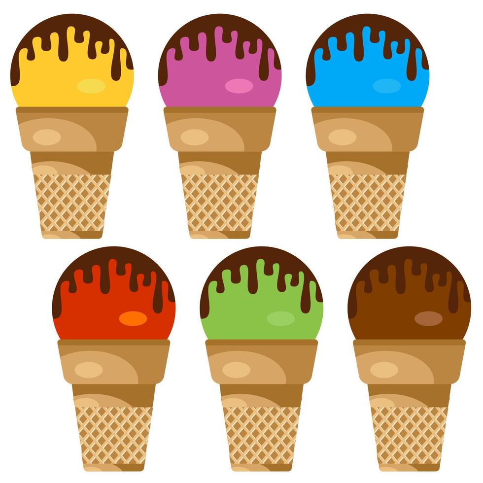 Set of ice cream balls with chocolate in a waffle horn. Vector illustration.