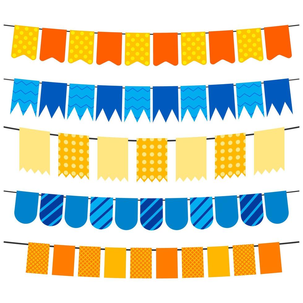 Colorful flags and bunting garlands for decoration. Decor elements with various patterns. Vector illustration