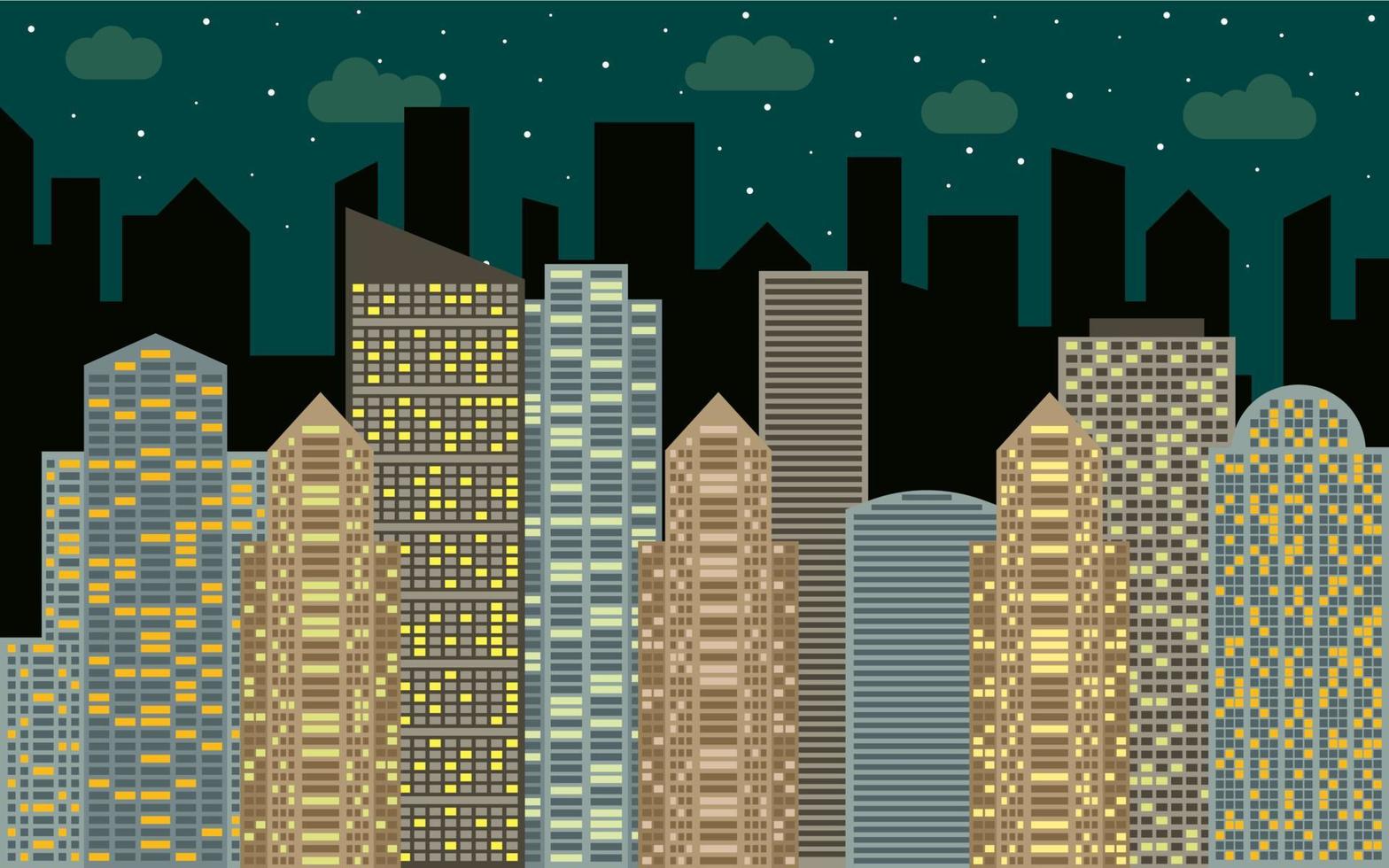 Night urban landscape. Street view with cityscape, skyscrapers and modern buildings at sunny day. City space in flat style background concept. vector