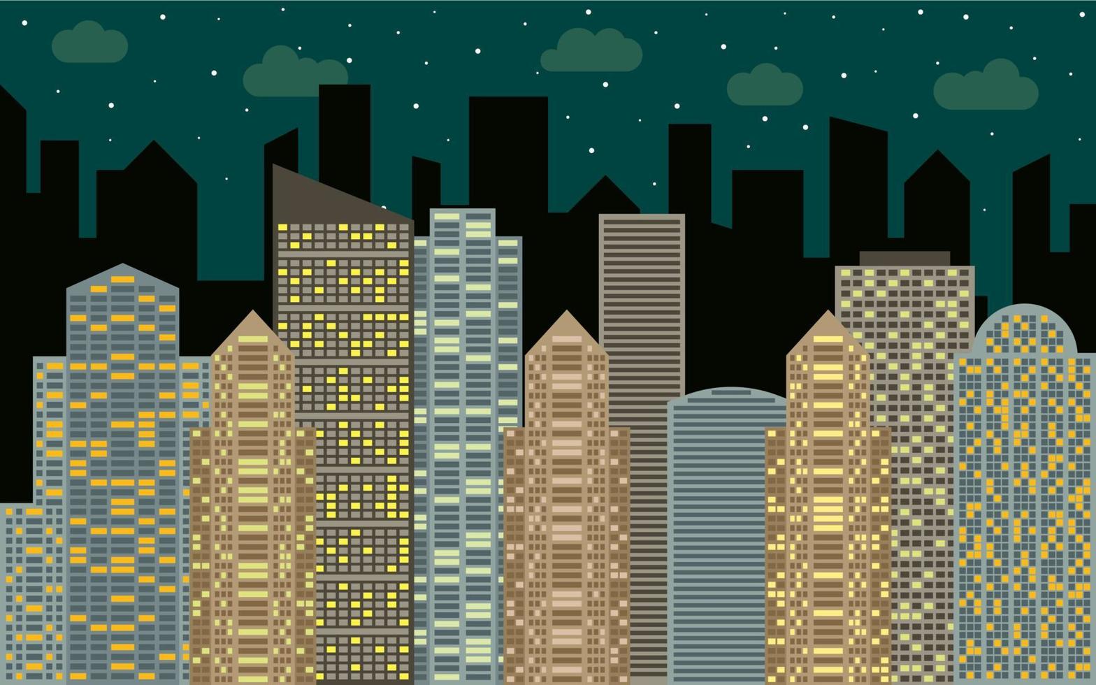 paisaje urbano nocturno. vista de la calle con paisaje urbano, rascacielos y edificios modernos en un día soleado. espacio de la ciudad en concepto de fondo de estilo plano. vector