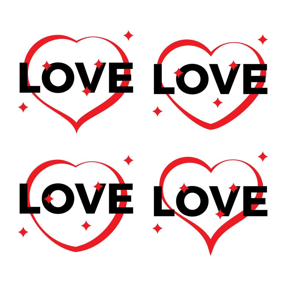 Set of four red heart outlines on a white background with black inscription Love. Vector illustration.