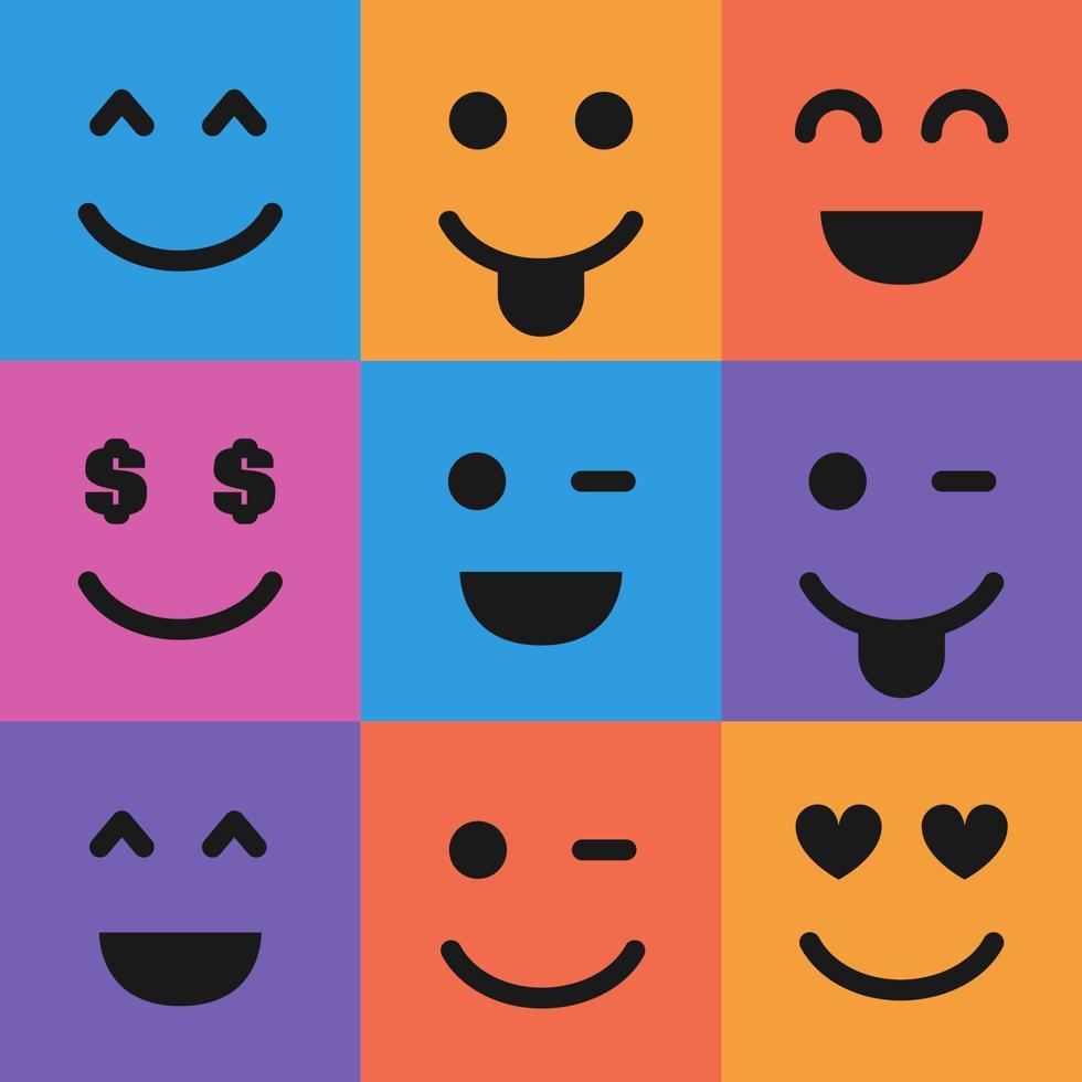 Set of nine colorful emoticons. Emoji icon in square. Flat background pattern. Vector illustration