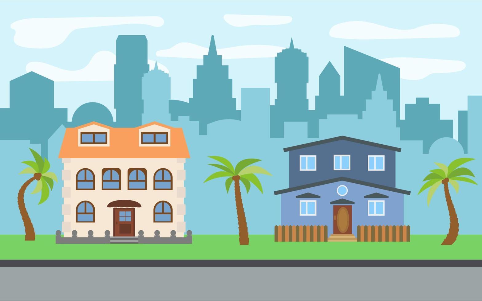Vector city with two two-story cartoon houses and palm trees in the sunny day. Summer urban landscape. Street view with cityscape on a background