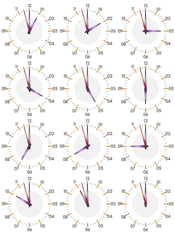 A set of mechanical clocks with an image of each of the twelve hours. Clock face on white background. vector