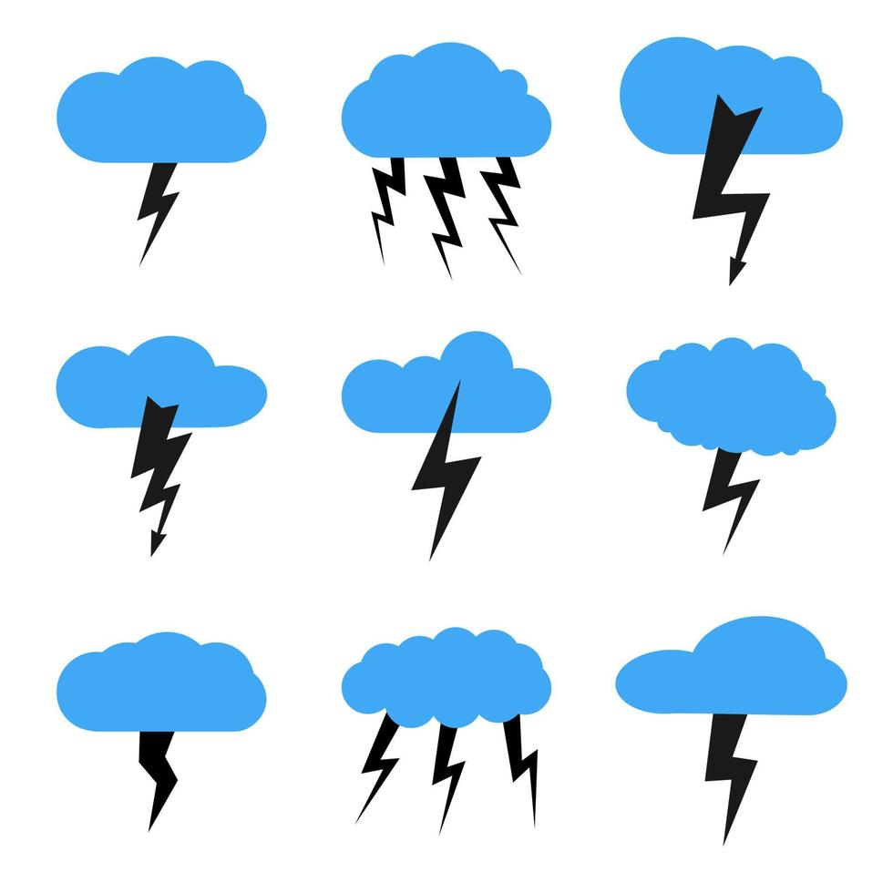 Set of nine clouds with a thunderstorm. Vector illustration.