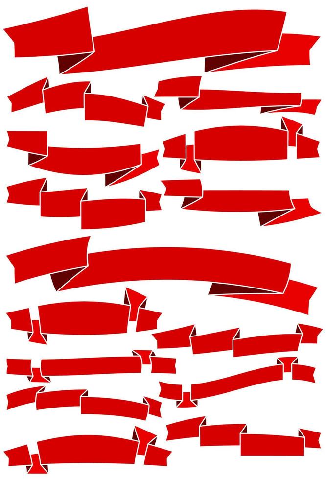 Set of fifteen red cartoon ribbons and banners for web design. Great design element isolated on white background. Vector illustration.