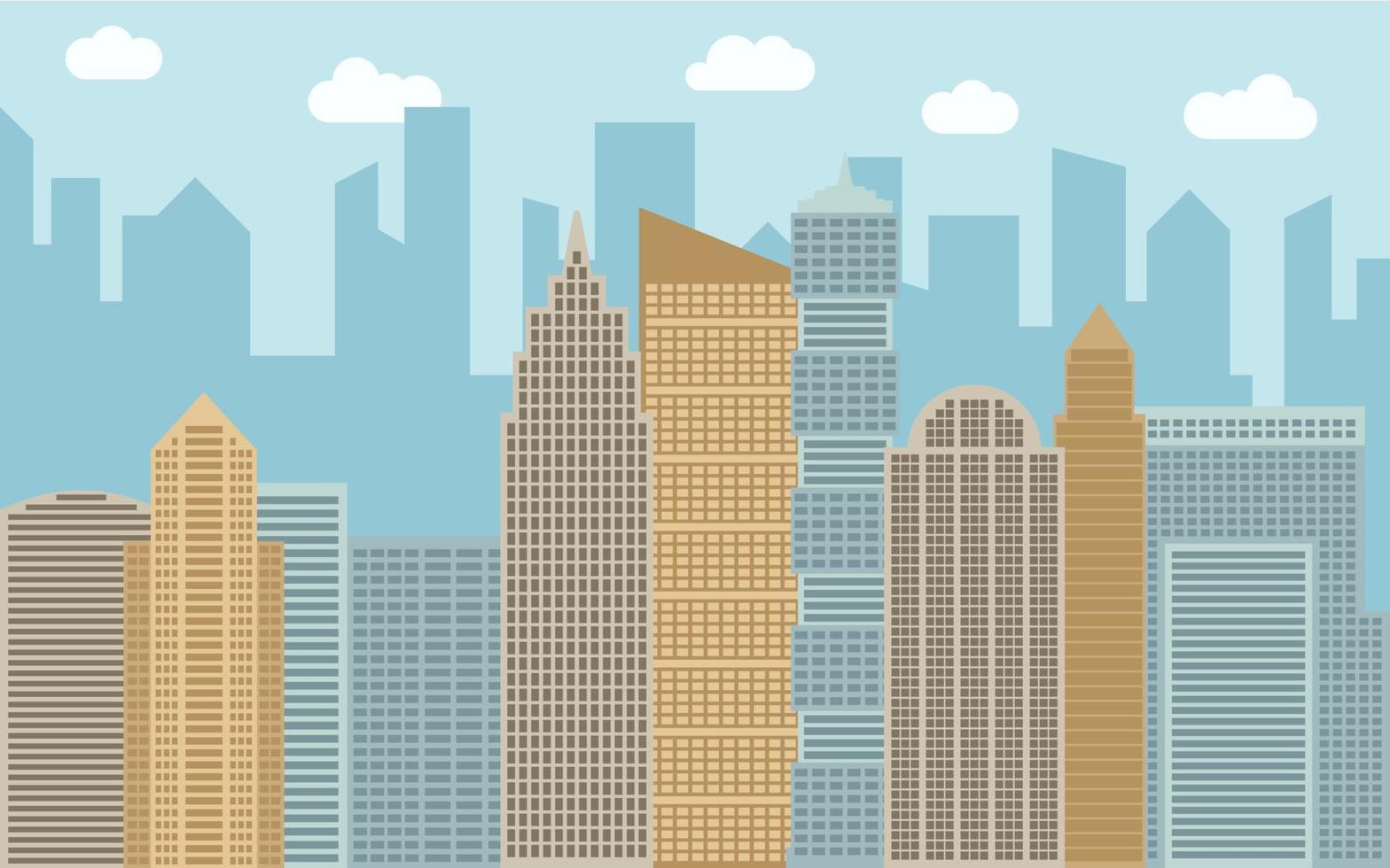 Vector urban landscape illustration. Street view with cityscape, skyscrapers and modern buildings at sunny day. City space in flat style background concept.