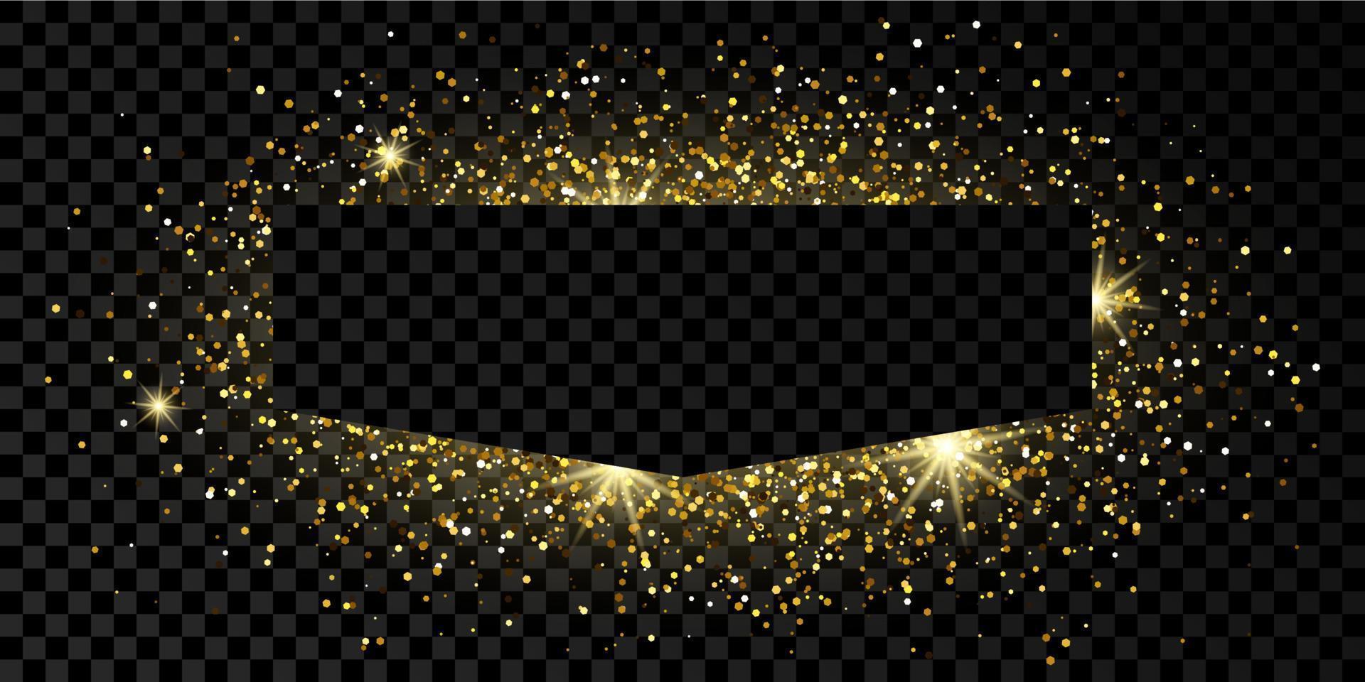 Golden frame with glitter, sparkles and flares on dark transparent background. Empty luxury backdrop. Vector illustration.