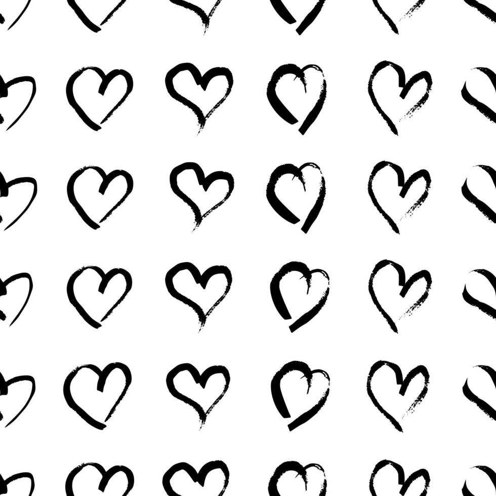 Seamless pattern with hand drawn hearts. Doodle grunge black hearts on white background. Vector illustration.