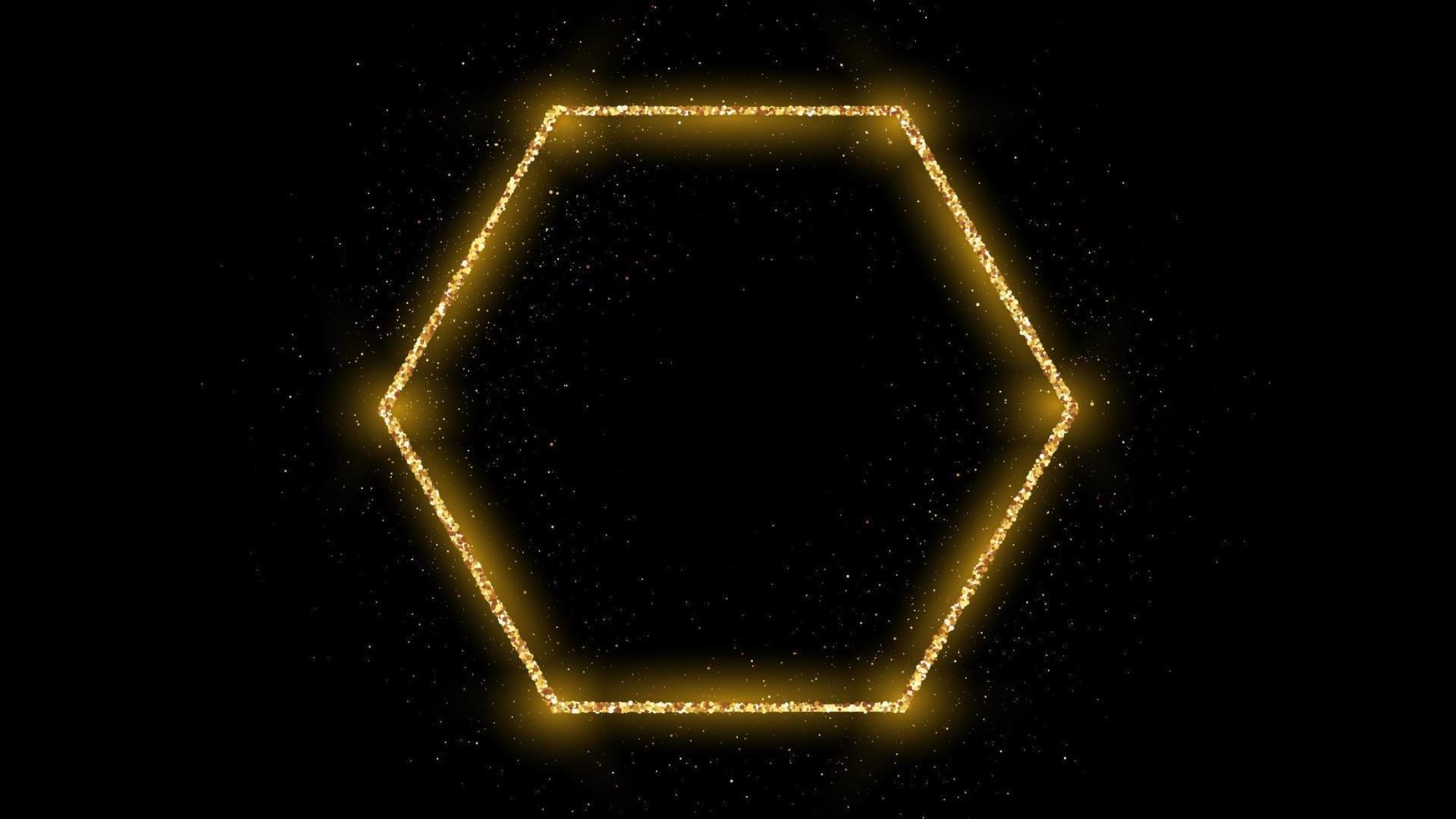 Golden hexagon frame with glitter, sparkles and flares on dark background. Empty luxury backdrop. Vector illustration.