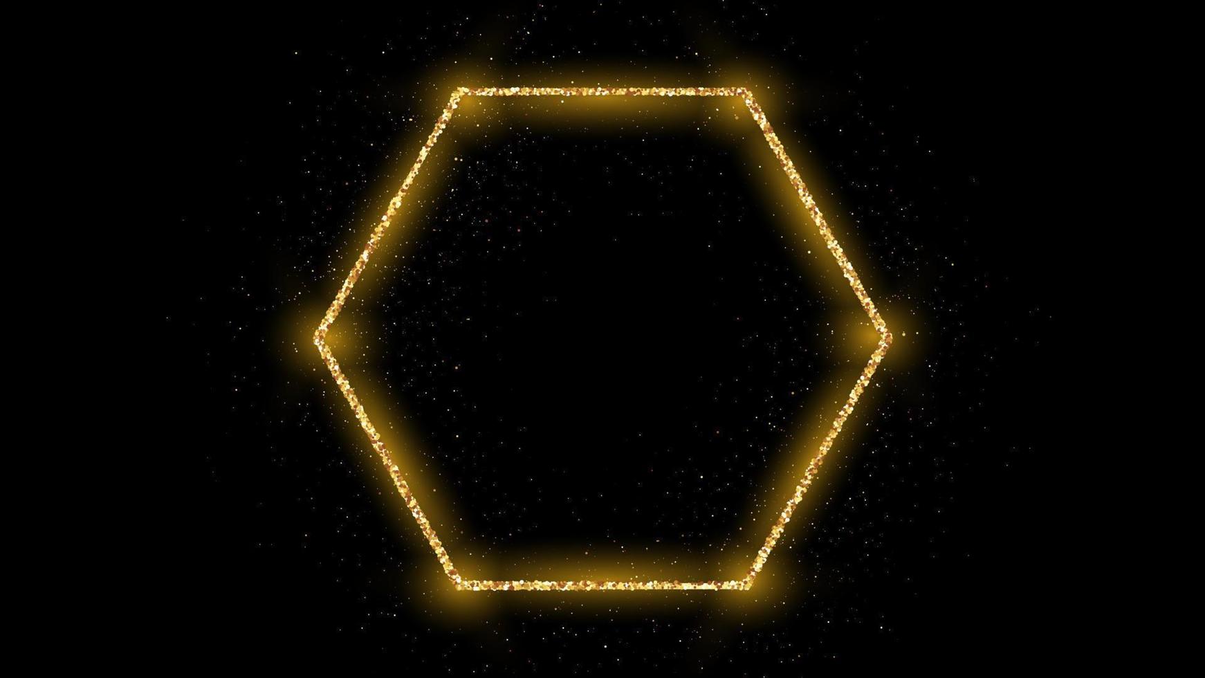 Golden hexagon frame with glitter, sparkles and flares on dark background. Empty luxury backdrop. Vector illustration.