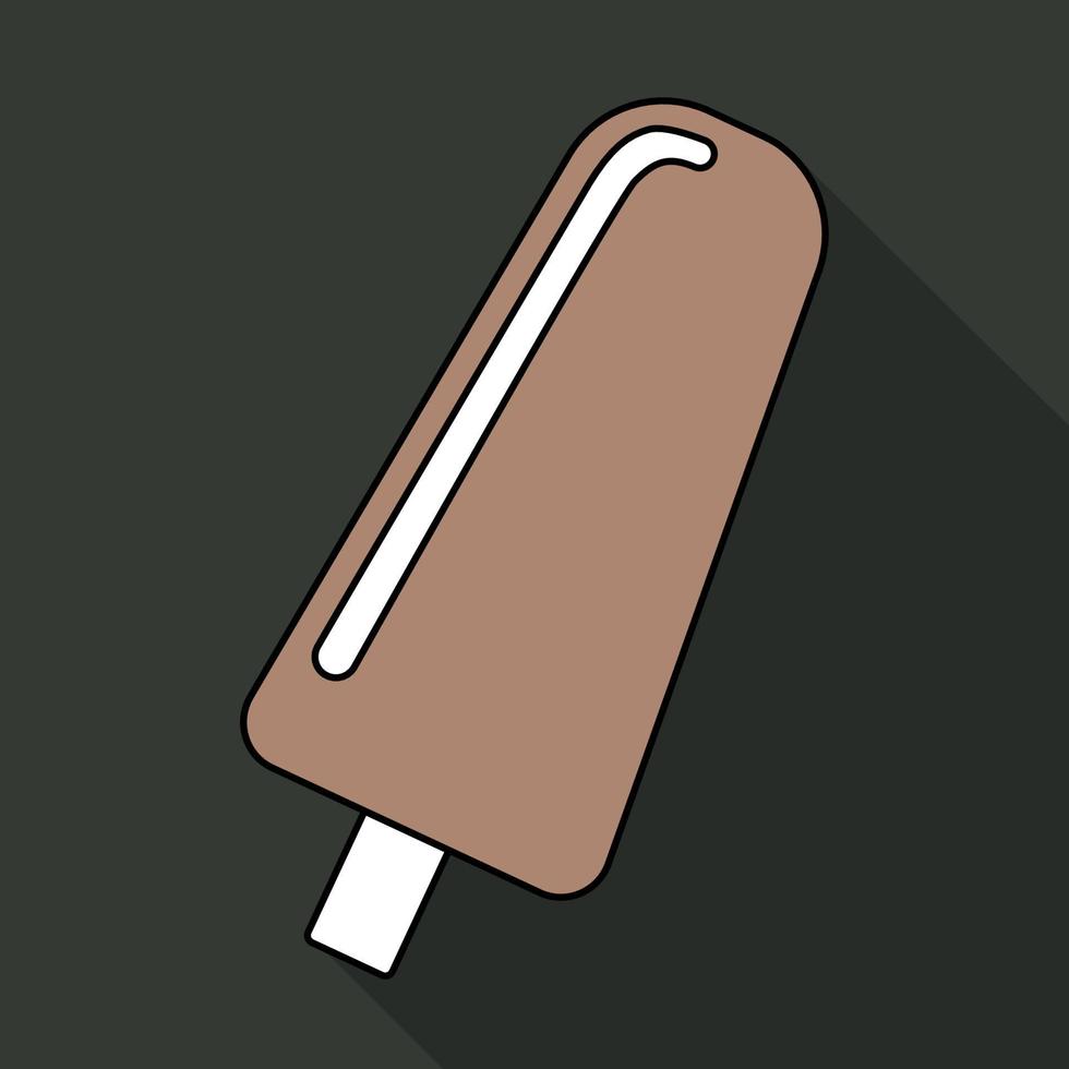 Vector illustration of ice cream on a wooden stick in flat style isolated on black background with shadow. Vector illustration