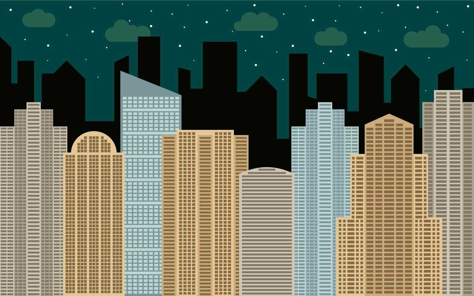 Night urban landscape. Street view with cityscape, skyscrapers and modern buildings at sunny day. City space in flat style background concept. vector