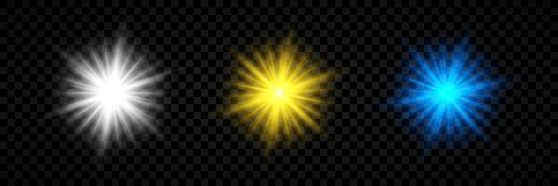 Light effect of lens flares. Set of three white, yellow and blue glowing lights starburst effects with sparkles vector