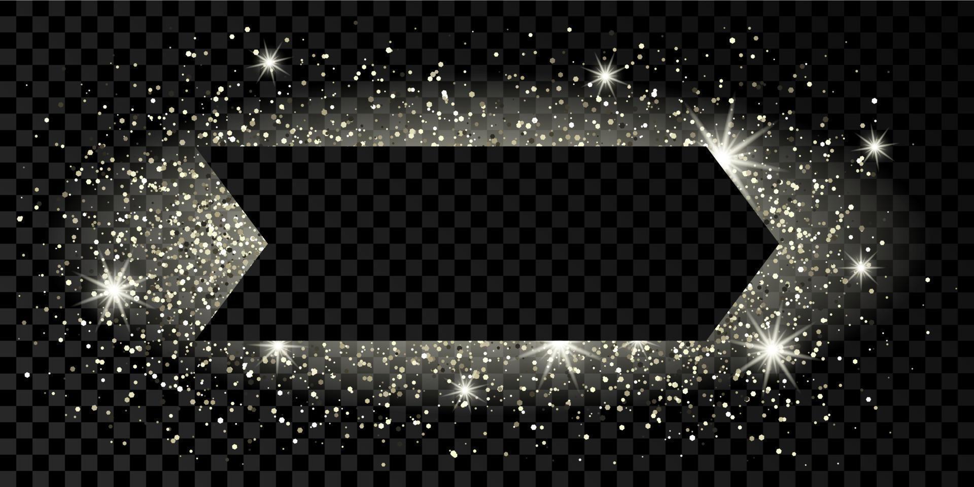 Silver arrow frame with glitter, sparkles and flares on dark transparent background. Empty luxury backdrop. Vector illustration.