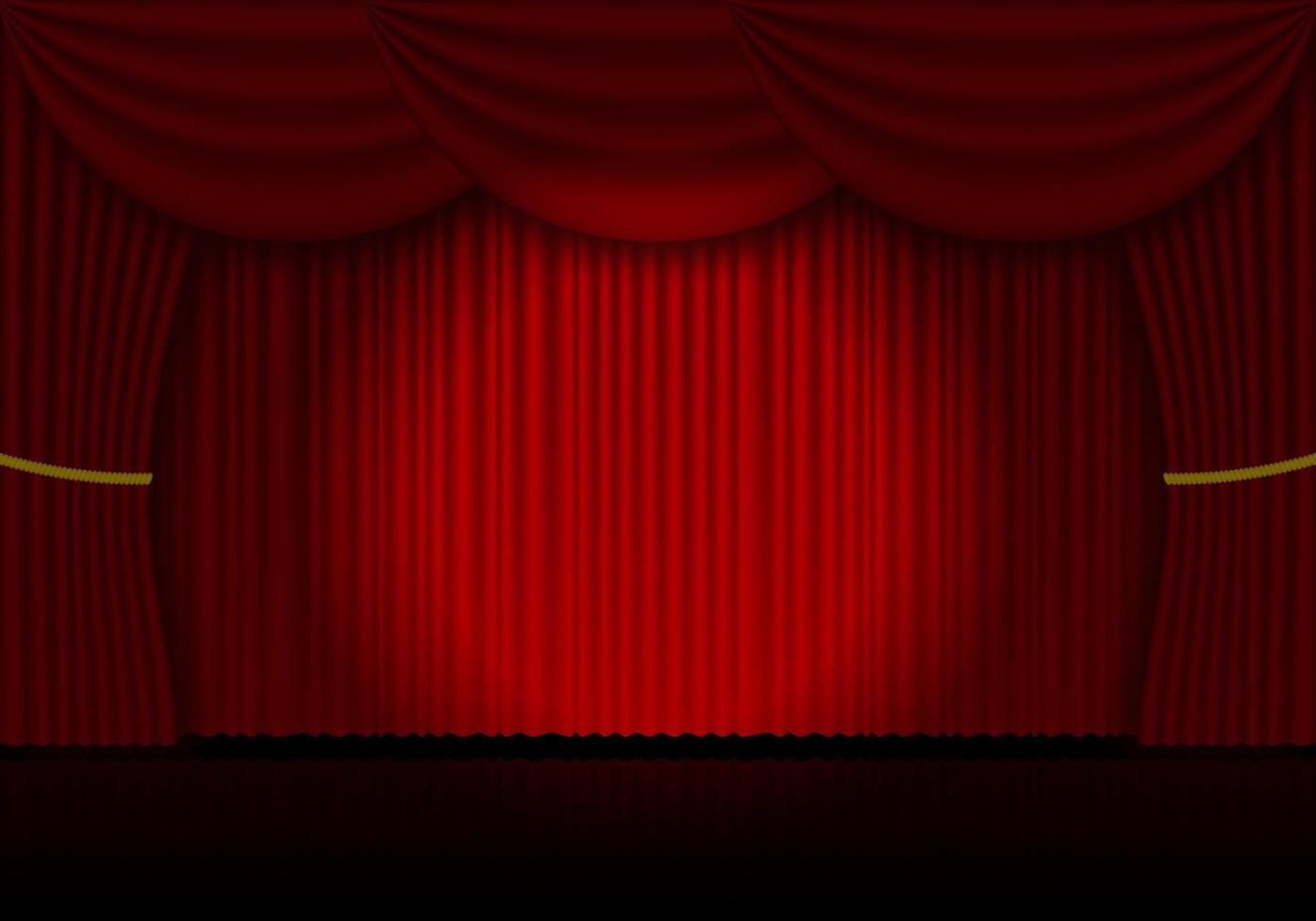 Red curtain opera, cinema or theater stage drapes. Spotlight on closed velvet curtains background. Vector illustration