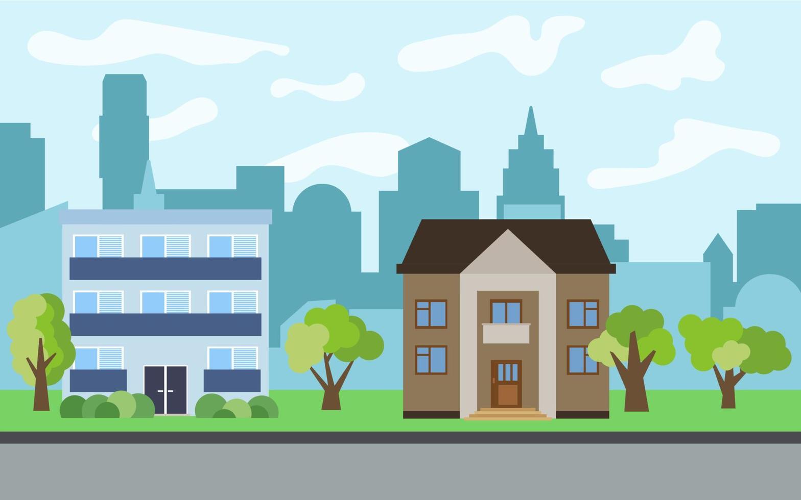 Vector city with two-story and three-story cartoon houses and green trees in the sunny day. Summer urban landscape. Street view with cityscape on a background