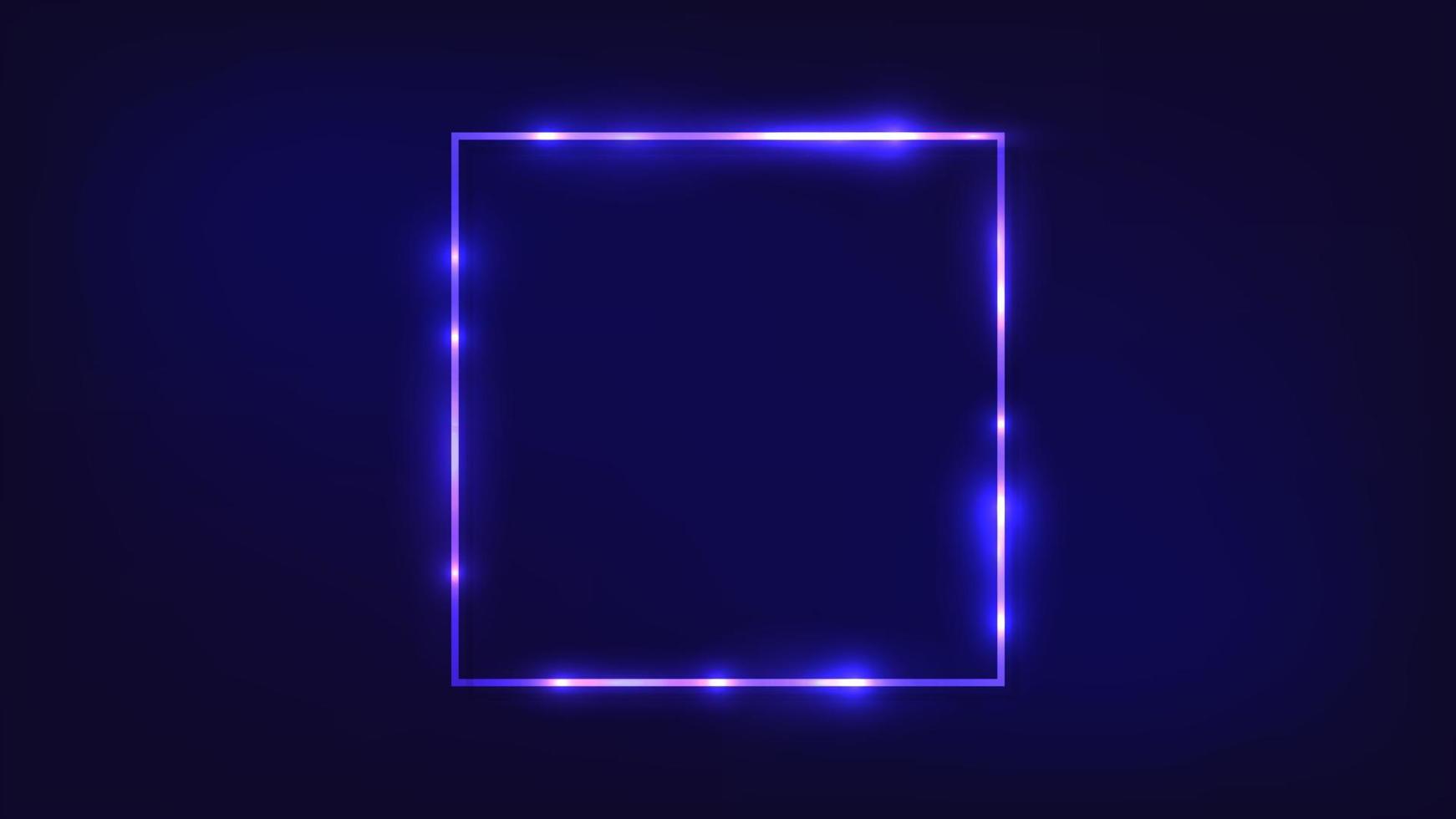 Neon square frame with shining effects on dark background. Empty glowing techno backdrop. Vector illustration.