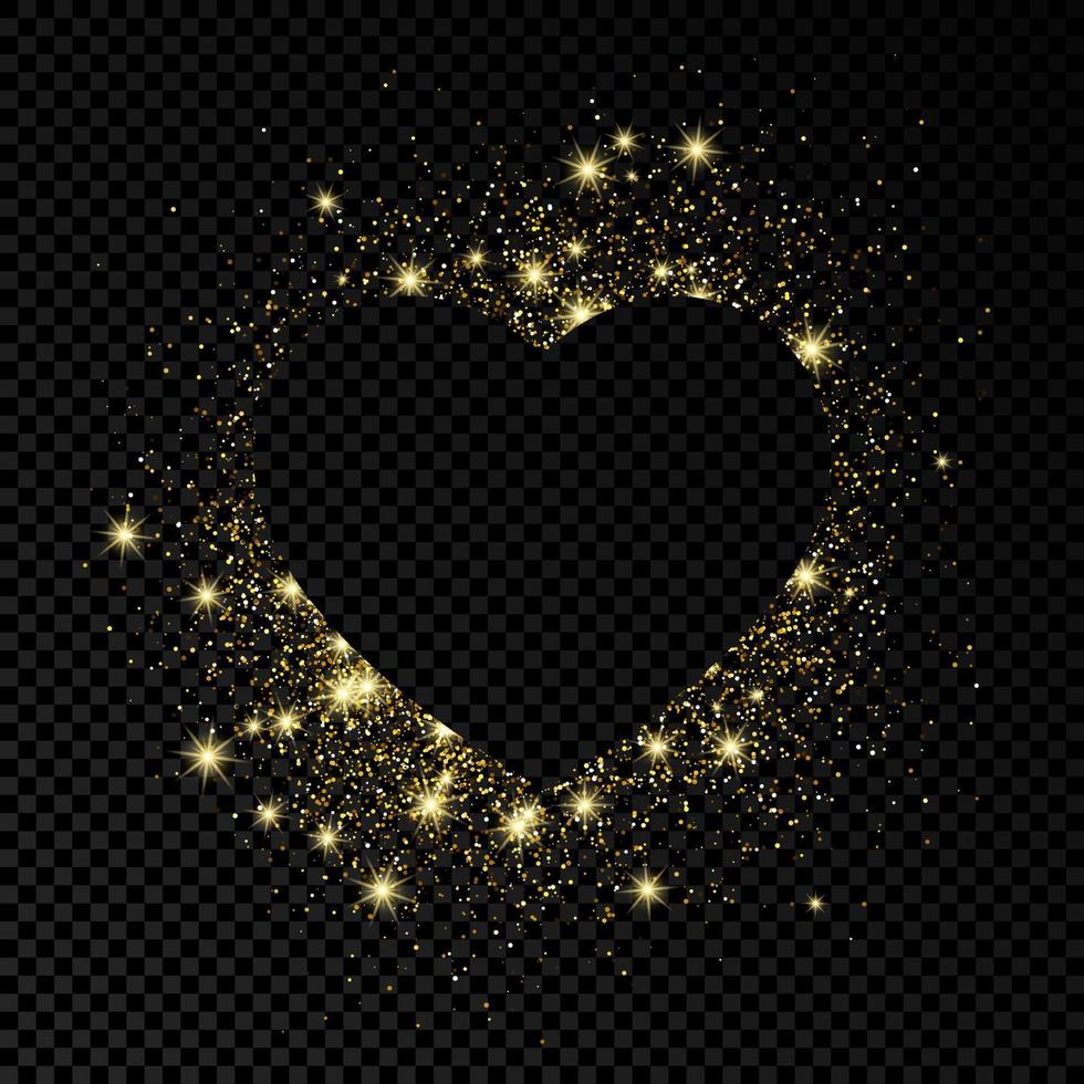 Heart shape frame with golden glitter on dark transparent background. Greeting card with empty dark background. Vector illustration.