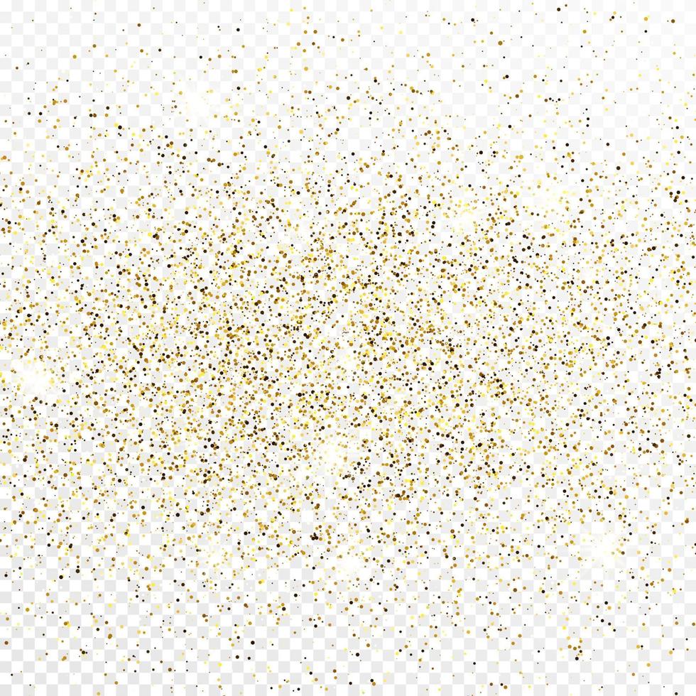 Gold glitter confetti backdrop isolated on white transparent background. Celebratory texture with shining light effect. Vector illustration.