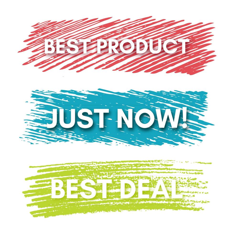 Best Product, Just Now, Best Deal. Set of three sale banners on the colorful painted spots. Vector illustration