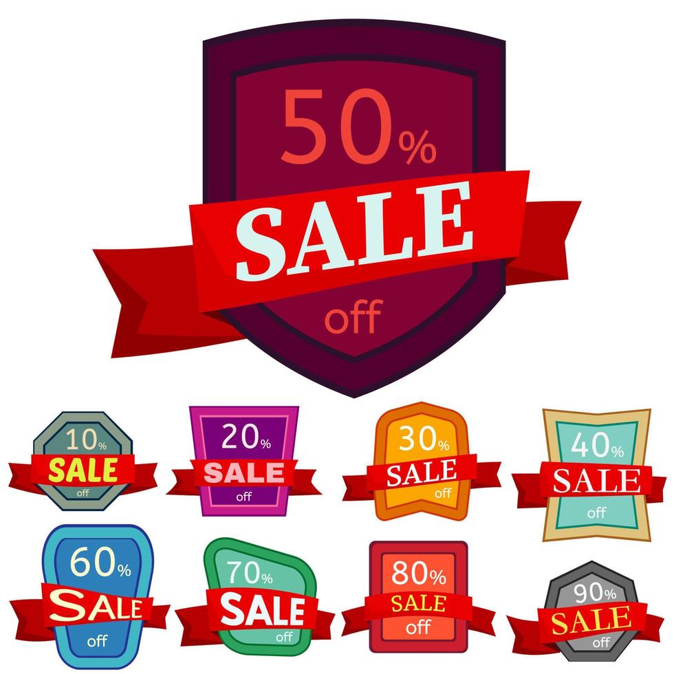 Set of different nine discount stickers. Colorful badges with red ribbon for sale 10 - 90 percent off. Vector illustration.