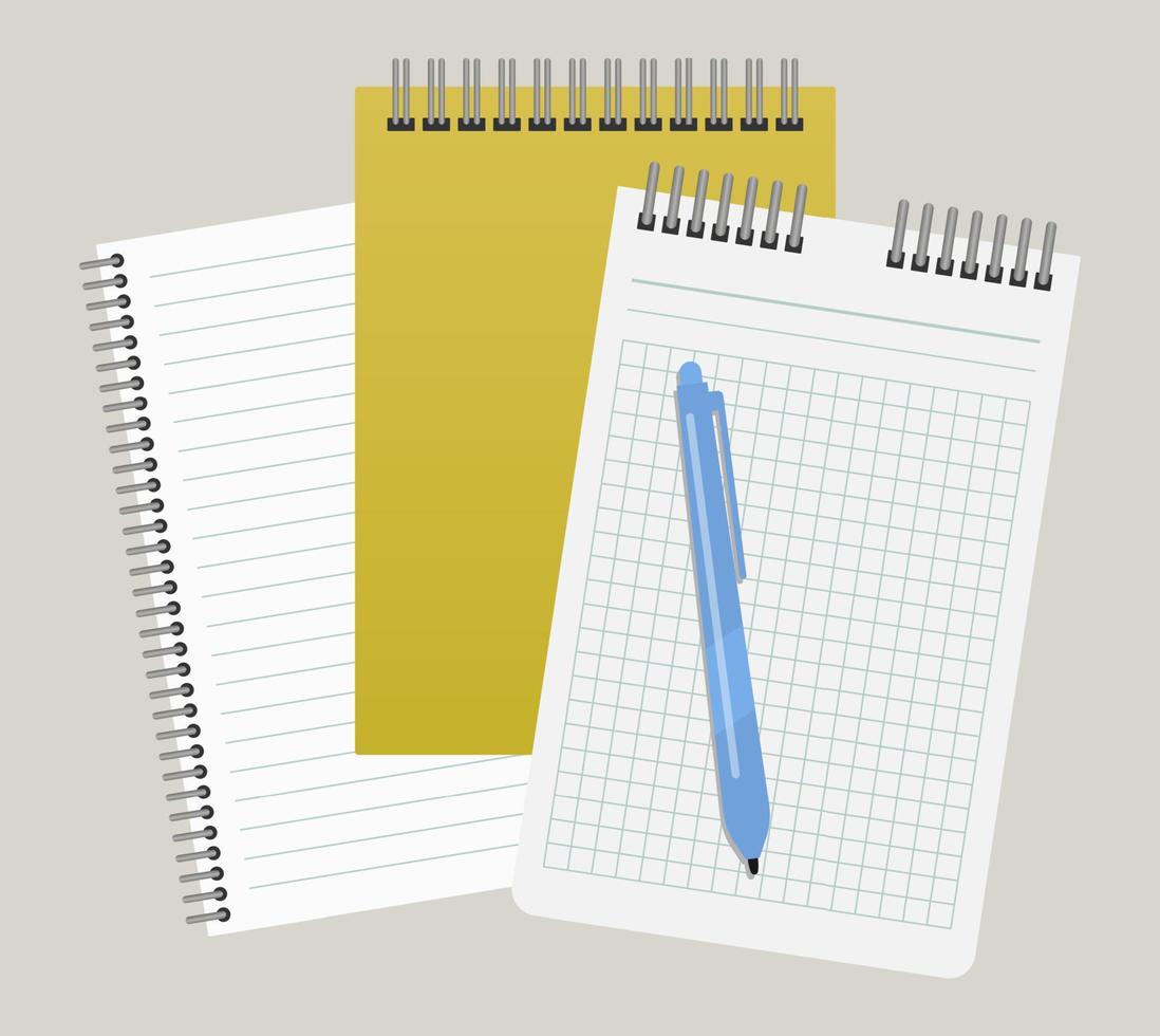 Three notepads and a pen. Vector illustration