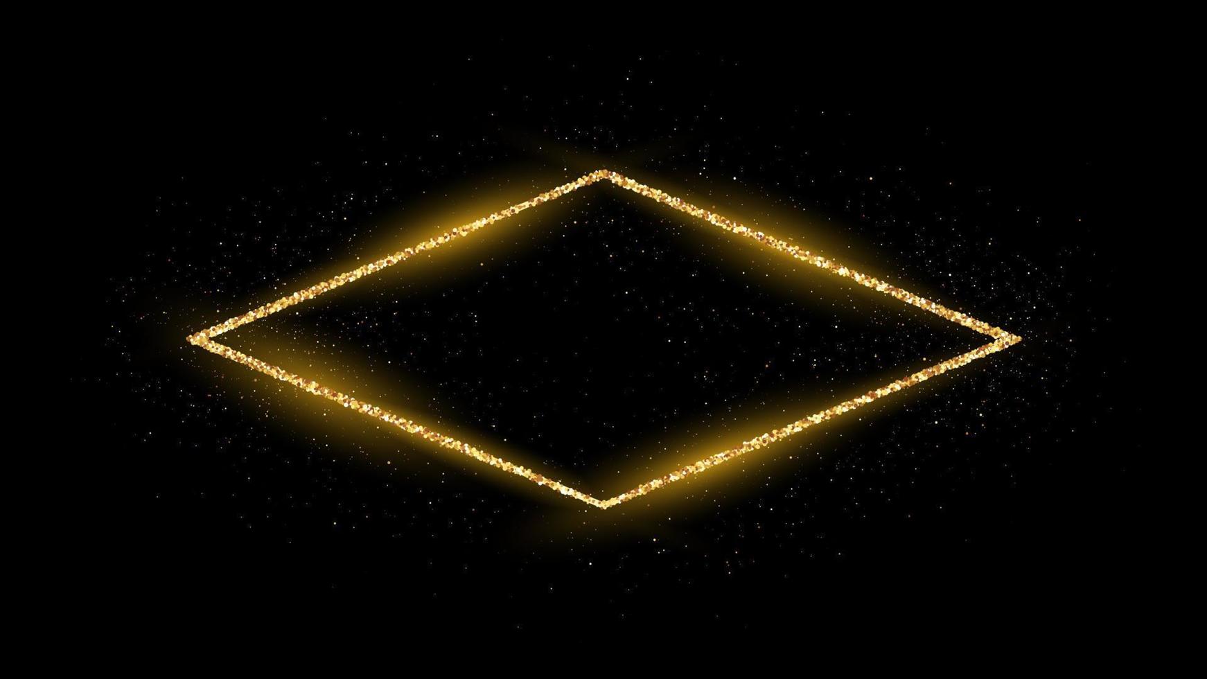 Golden rhombus frame with glitter, sparkles and flares on dark background. Empty luxury backdrop. Vector illustration.