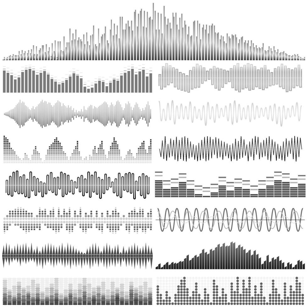 conjunto de vectores de ondas sonoras. ecualizador de sonido ondas de sonido y audio aisladas sobre fondo blanco.