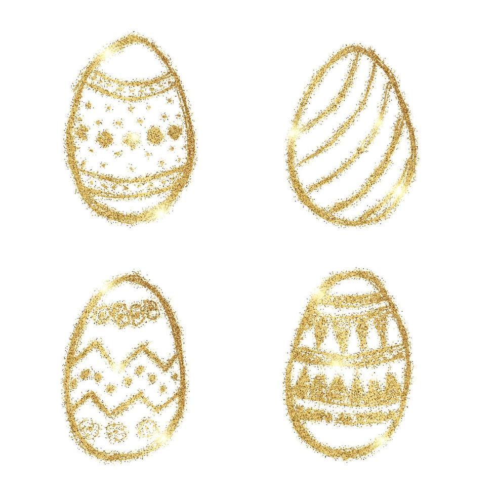 conjunto de cuatro mano dibujado Pascua de Resurrección huevos con oro Brillantina efecto en un blanco antecedentes. vector ilustración