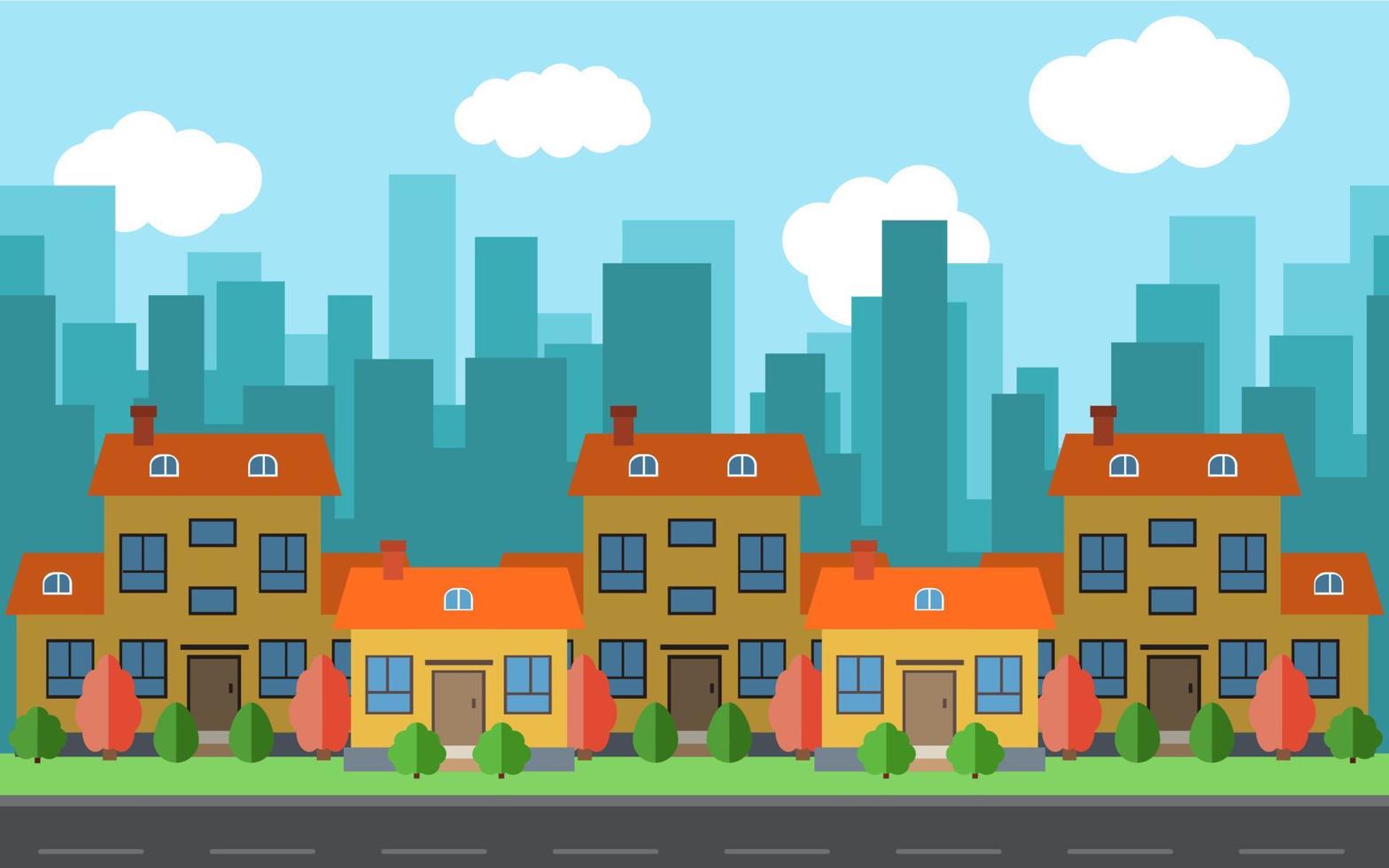 Vector city with five cartoon houses and buildings. City space with road on flat style background concept. Summer urban landscape. Street view with cityscape on a background
