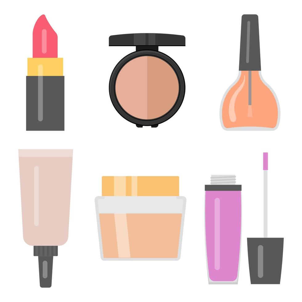 conjunto de artículos de maquillaje. esmalte de uñas, crema para la piel, barra de labios, brillo de labios, sombras de ojos, tubo cosmético. ilustración vectorial vector