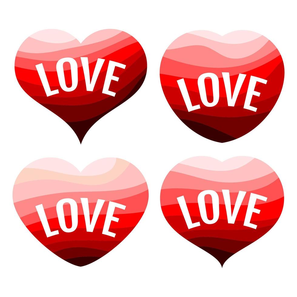 Set of four red hearts on a white background with an inscription Love. Vector illustration.