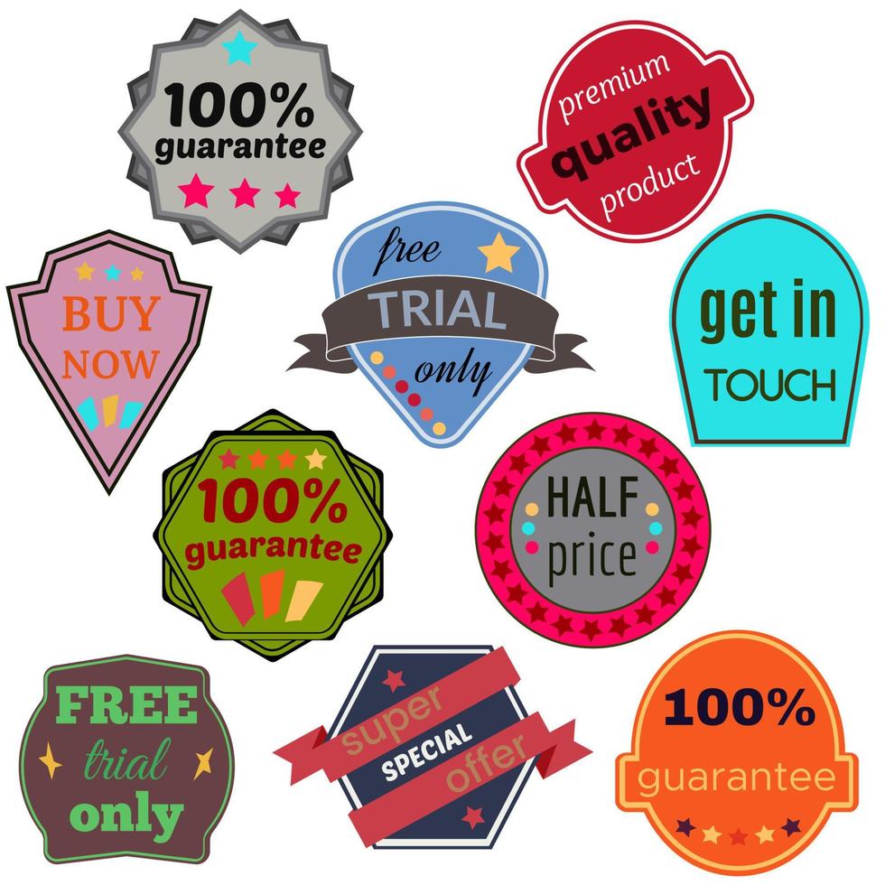 Set of Ten Vector Badges with Ribbons. Web stickers and labels. Isolated vector illustration.