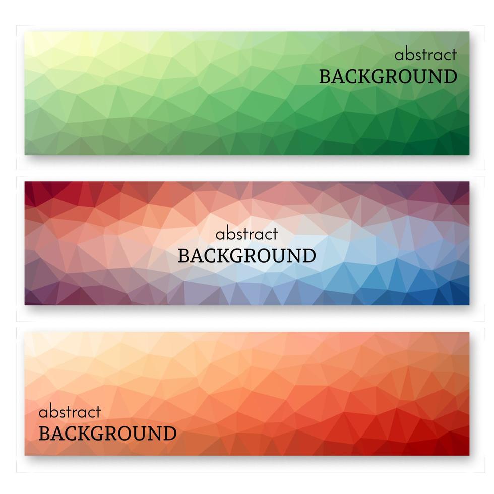 Set of three multi colored banners in low poly art style. Background with place for your text. Vector illustration