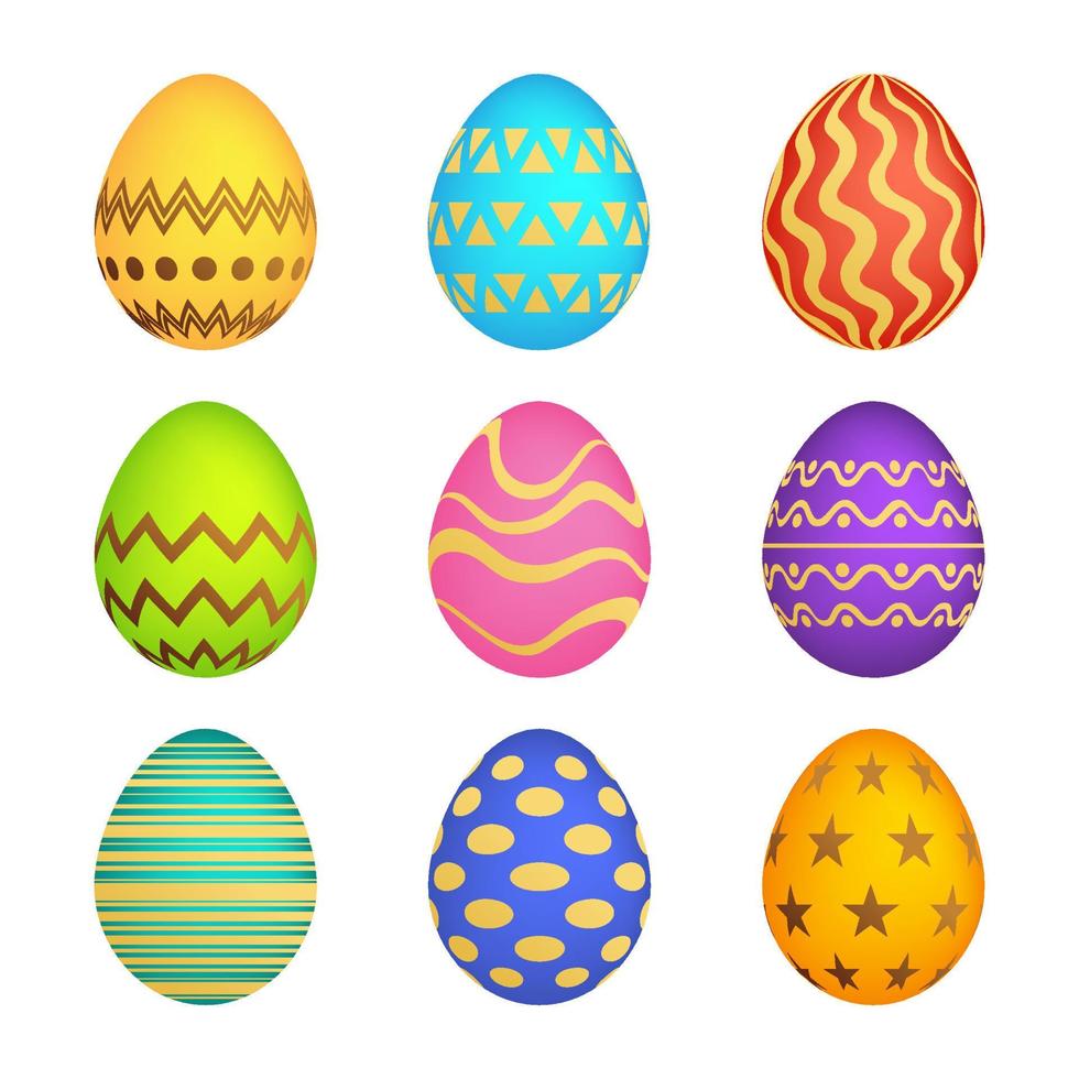 Set of Nine Easter eggs with different colorful texture on a white background. Vector illustration