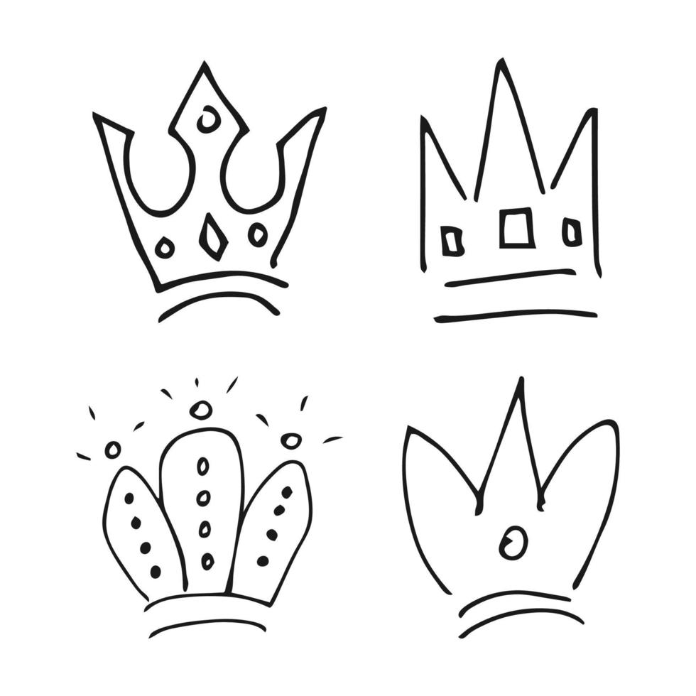coronas dibujadas a mano. conjunto de cuatro simples bocetos de graffiti coronas de reina o rey. coronación imperial real y símbolos de monarca vector