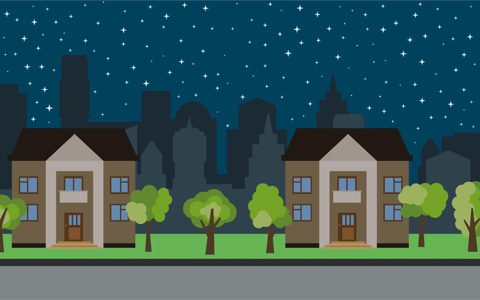 Vector city with two two-story cartoon houses and green trees at night. Summer urban landscape. Street view with cityscape on a background