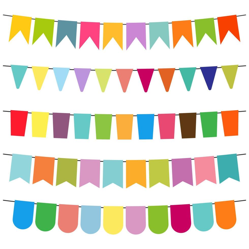 Colorful flags and bunting garlands for decoration. Decor elements with various patterns. Vector illustration