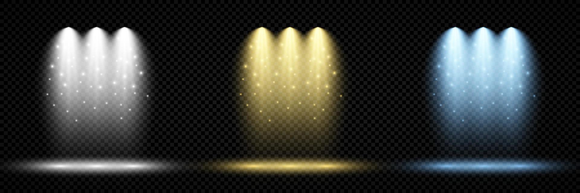 Lighting with spotlight. Set of three scene illumination effects with cold white, yellow and blue lighting on a dark vector