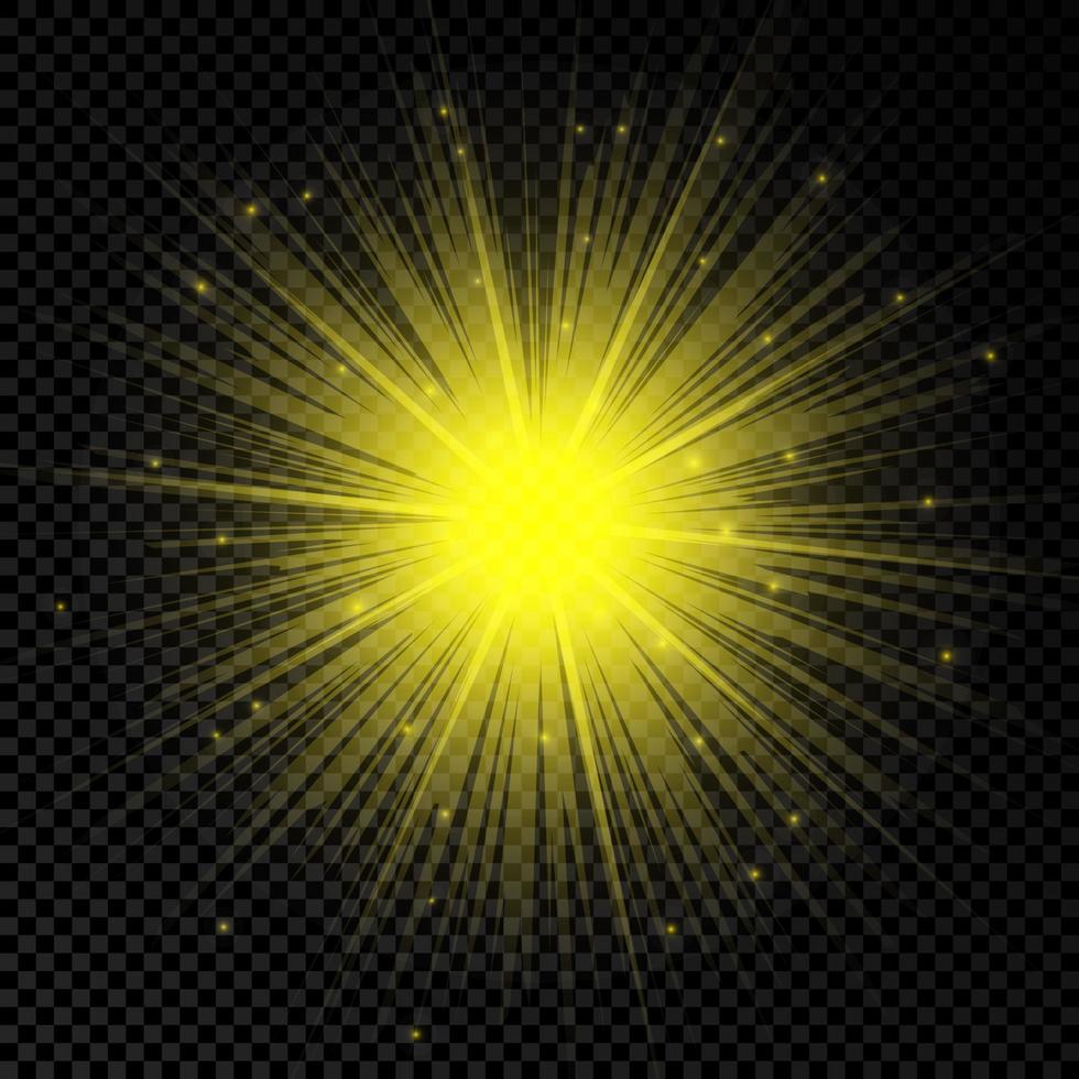 Light effect of lens flares. Yellow glowing lights starburst effects with sparkles vector