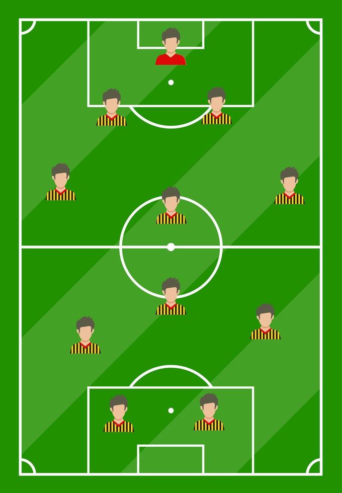 Football field with green grass and with eleven players. Vector illustration