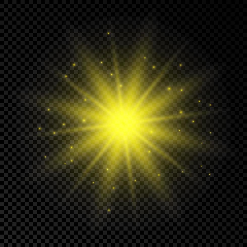 Light effect of lens flares. Yellow glowing lights starburst effects with sparkles vector