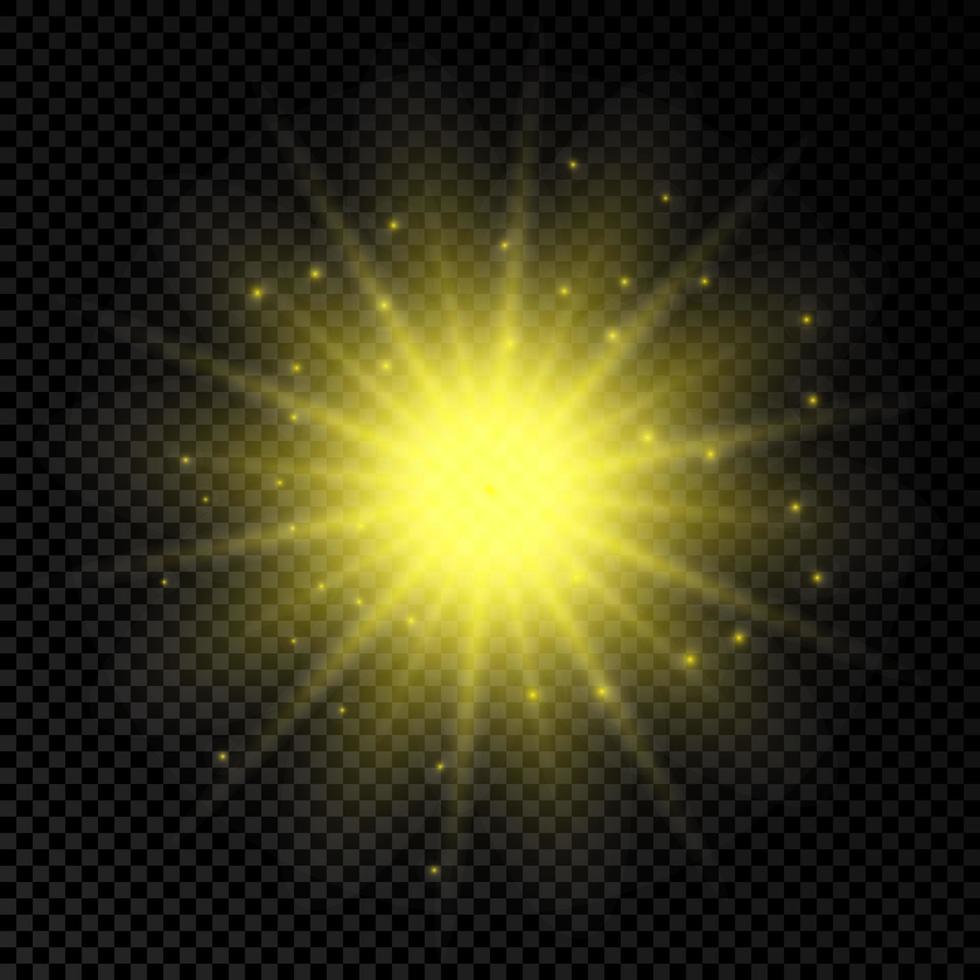 Light effect of lens flares. Yellow glowing lights starburst effects with sparkles vector