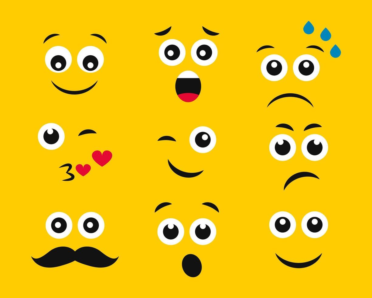 caras de dibujos animados con emociones sobre fondo amarillo. conjunto de nueve emoticonos diferentes. ilustración vectorial vector