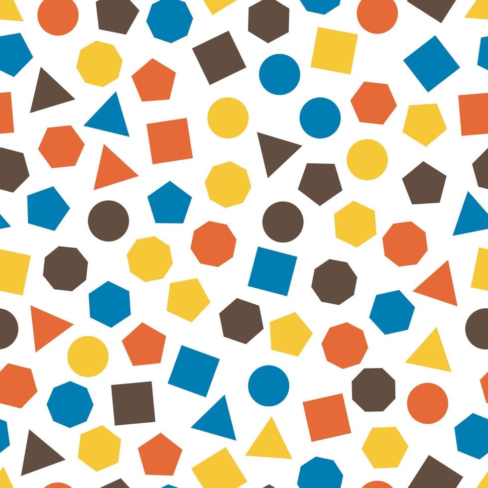 Seamless geometric pattern with squares, triangles, circles, pentagons, hexagons and heptagons for tissue and postcards. Trendy geometric elements vector