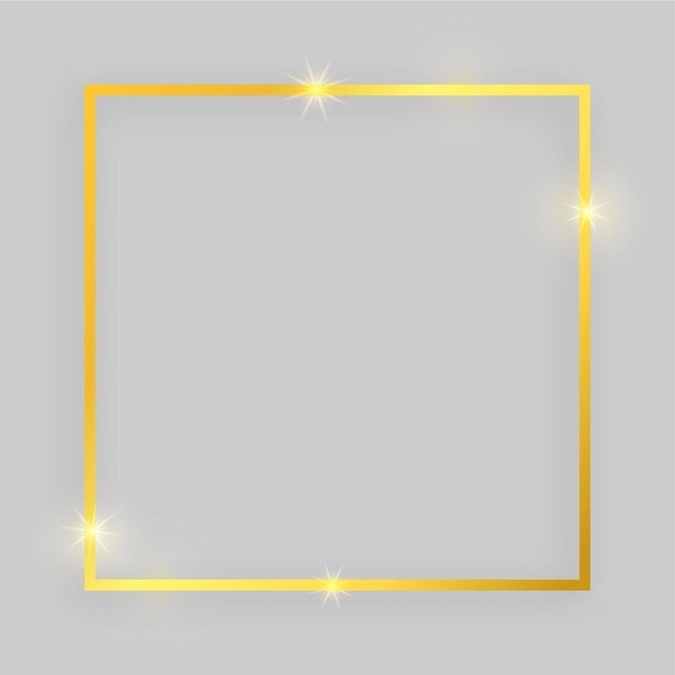 Shiny frame with glowing effects. Gold square frame with shadow on grey background. Vector illustration