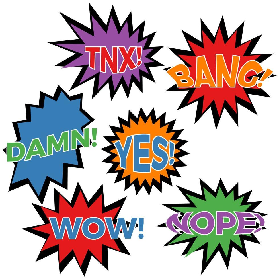 Set of six cartoon comic balloon speech bubbles in flat style. Elements of design comic books with different phrases. Vector illustration