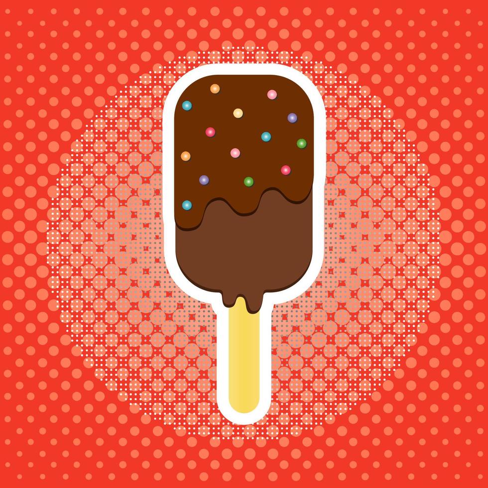 Pop Art Ice Cream Dessert on a Wooden Stick. Ice Cream on a Red Vintage Background vector