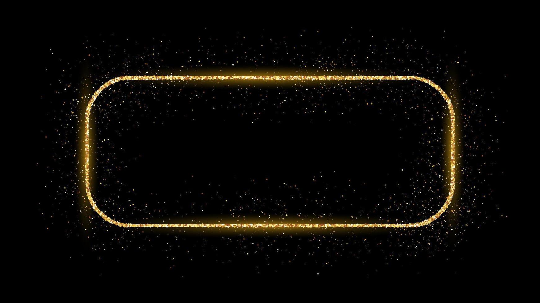 Golden rounded rectangle frame with glitter, sparkles and flares on dark background. Empty luxury backdrop. Vector illustration.